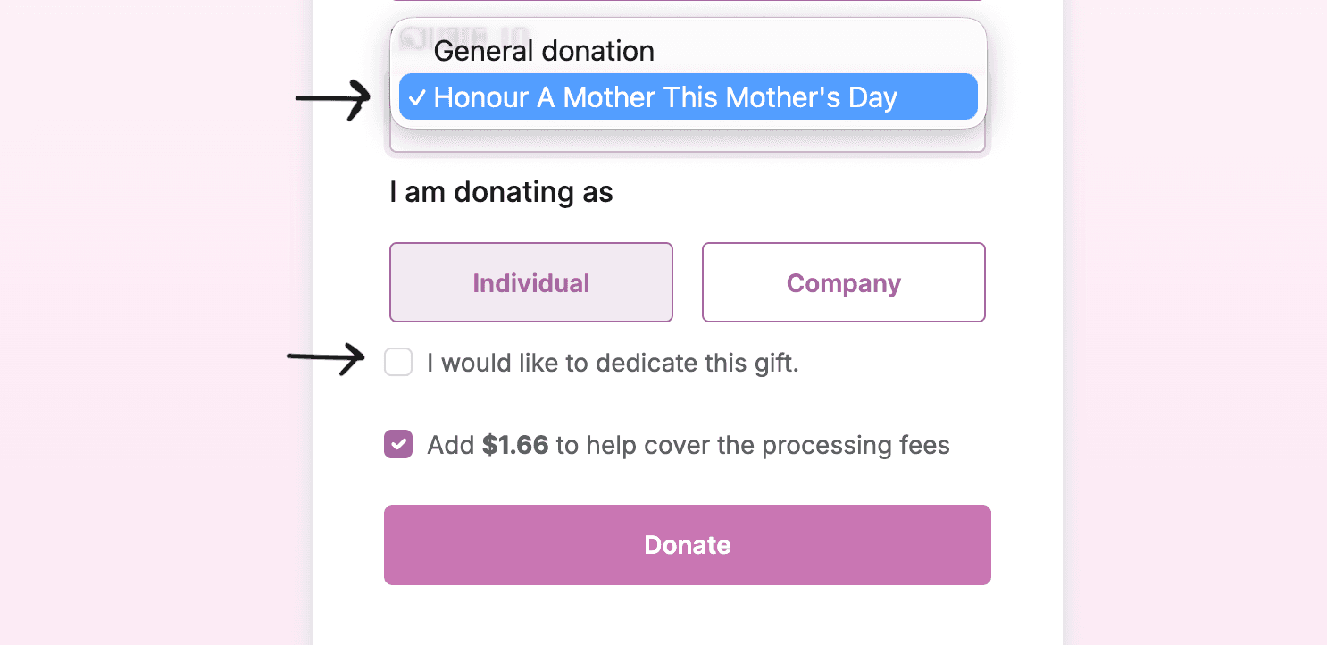 Donation form showing the Donate To dropdown with Honour A Mother This Mother's Day selected, and the I would like to dedicate this gift checkbox